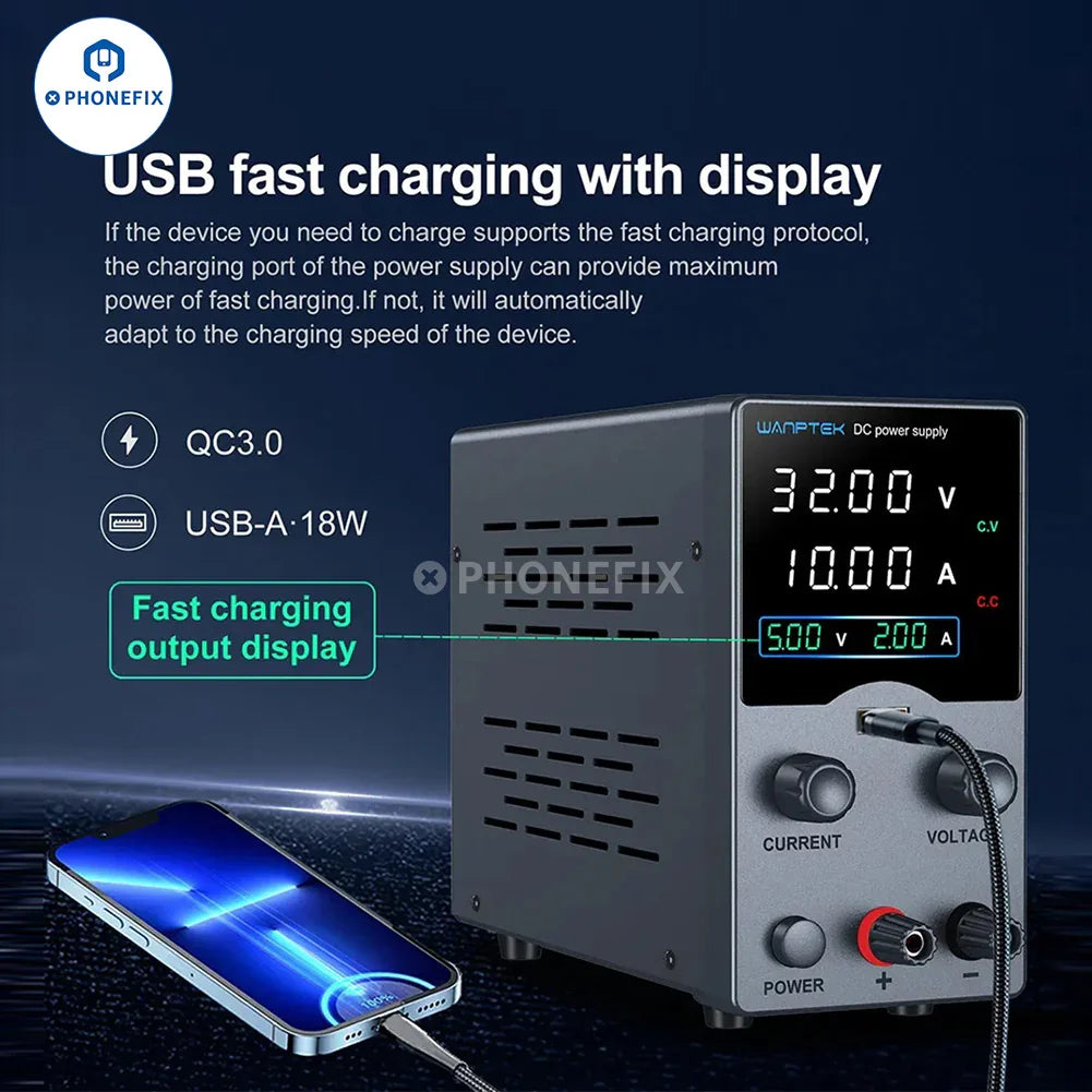 Wanptek GC Series adjustable DC power supply voltage regulator with digital display and control knobs, used for electronic testing.