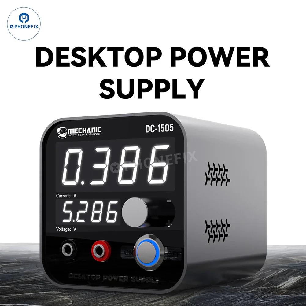 PhoneFix Mechanic DC-1505 desktop DC power supply with 4-digit digital display and adjustable voltage and current controls.