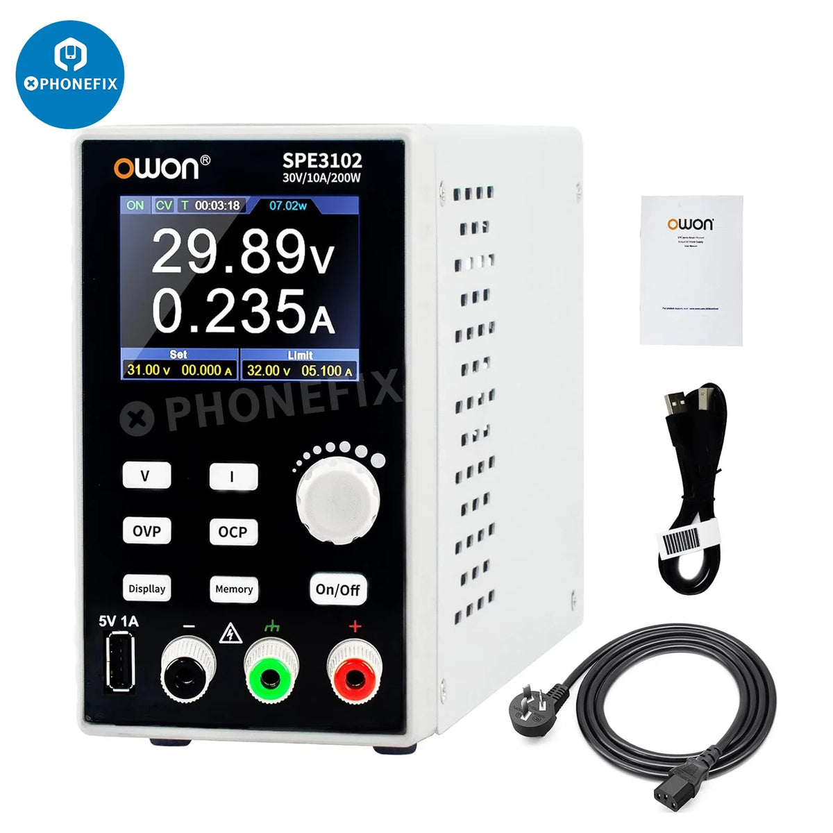 OWON SPE3102 programmable lab DC power supply with 0-30V and 0-10A output, used for electronic testing and development.