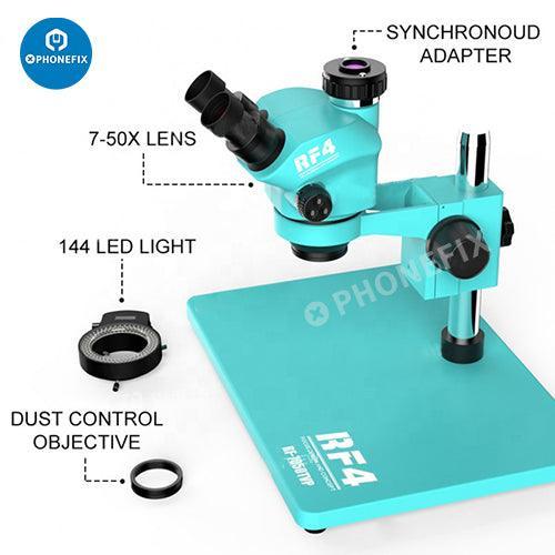 PHONEFIX RF-7050TVP-YS010W 7-50X zoom trinocular microscope with HD monitor for detailed scientific viewing.
