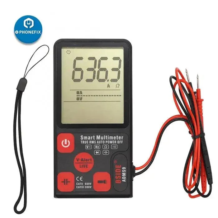 PHONEFIX ADMS9 portable digital multimeter measuring AC and DC voltage with LCD display for electrical testing.