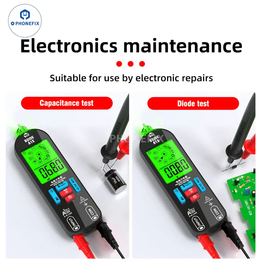 PhoneFix BSIDE A1X digital multimeter, burn-proof and repairable, with display and multiple measurement ports on a white background.