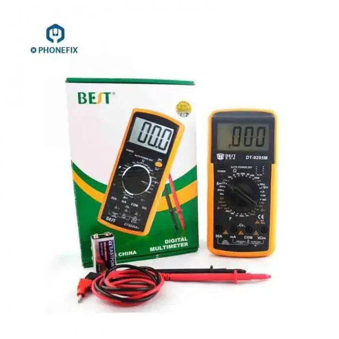 PhoneFix 9205M handheld digital multimeter with LCD display for universal electrical measurements and soldering tasks.