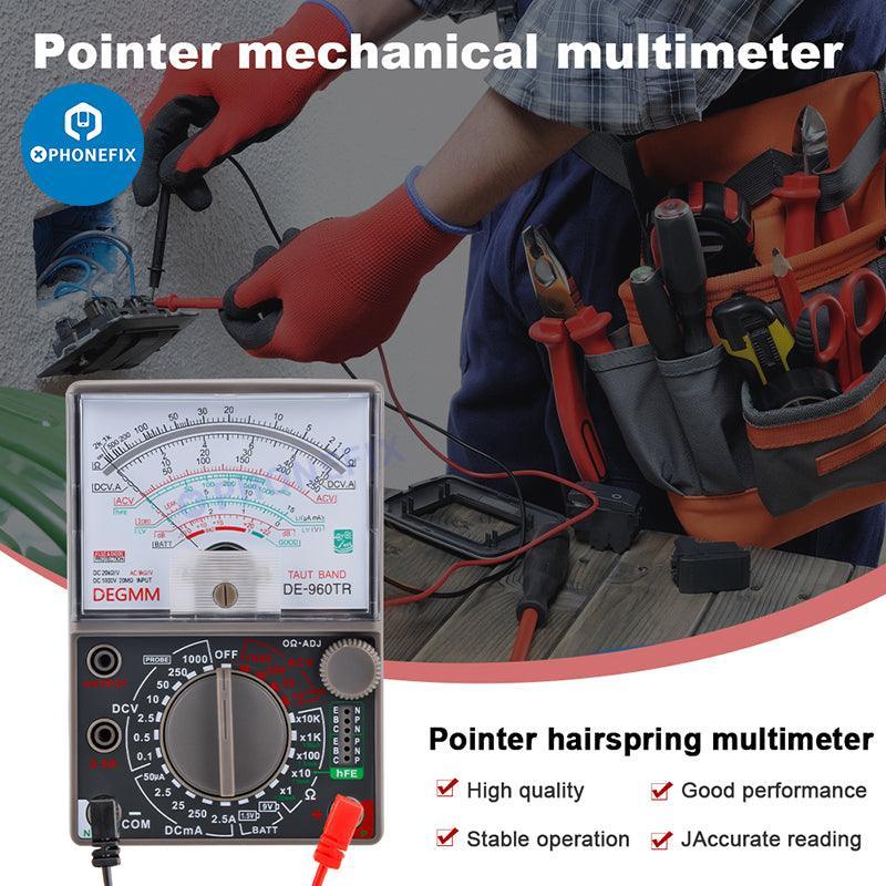 Digital multimeter DE-960TR Pointer Automatic for PCB fault testing, by PHONEFIX, used for electronic diagnostics and measurements.