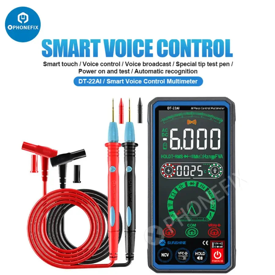 PhoneFix DT-22AI voice control digital multimeter with LCD display and test leads, used for electrical measurements and testing.