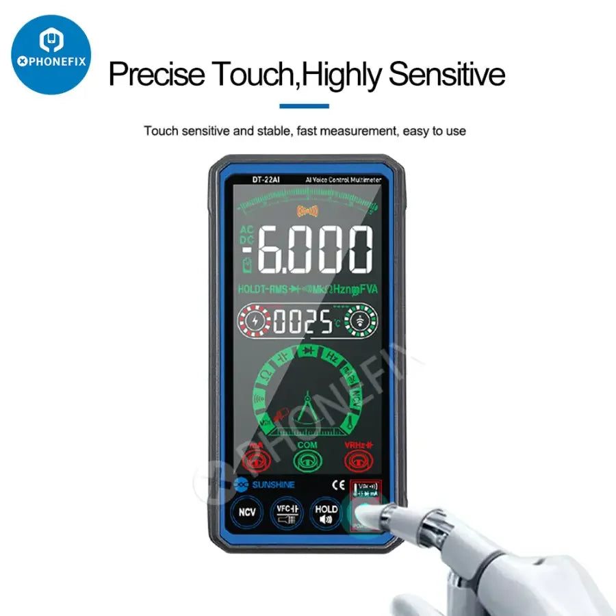 PhoneFix DT-22AI Voice Control Digital Multimeter, intelligent multimeter with digital display and voice command features.