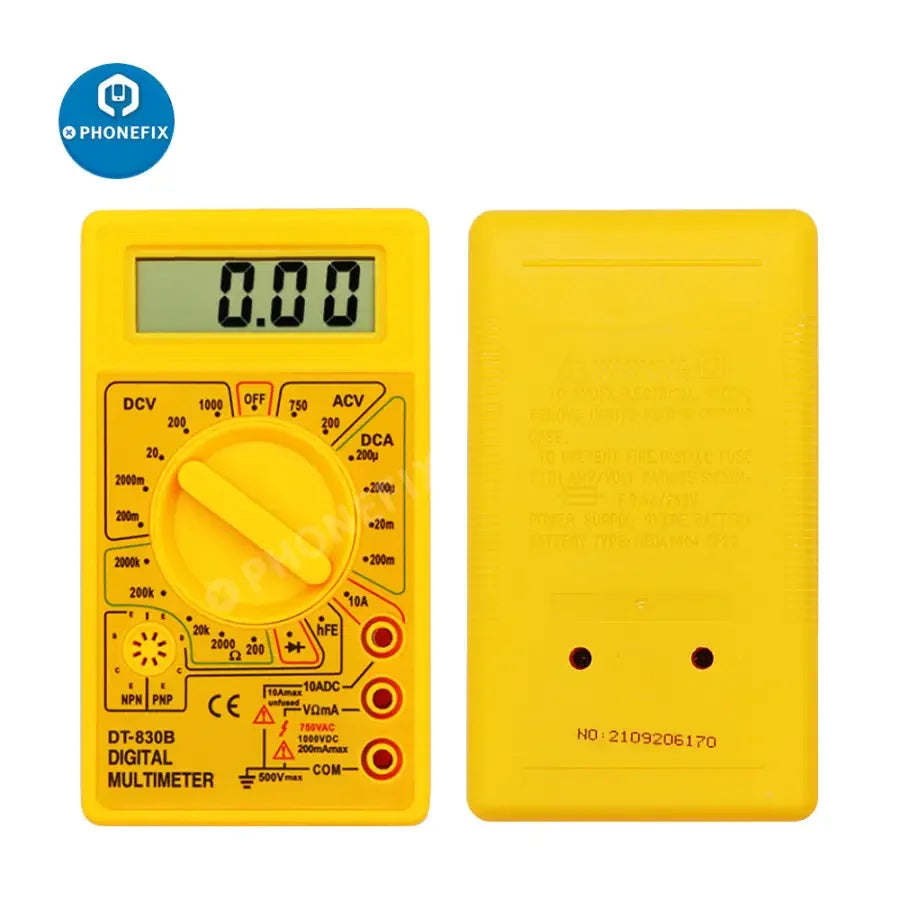PHONEFIX DT830B digital multimeter with LCD display, measuring voltage, current, and resistance for electronic testing.