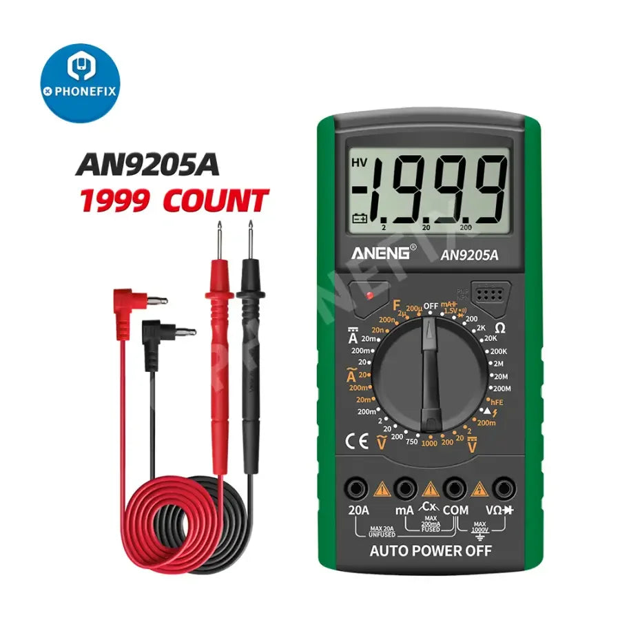 PHONEFIX DT9205A+ digital multimeter with AC/DC voltage testing, display, and 9V battery for accurate electrical measurements.