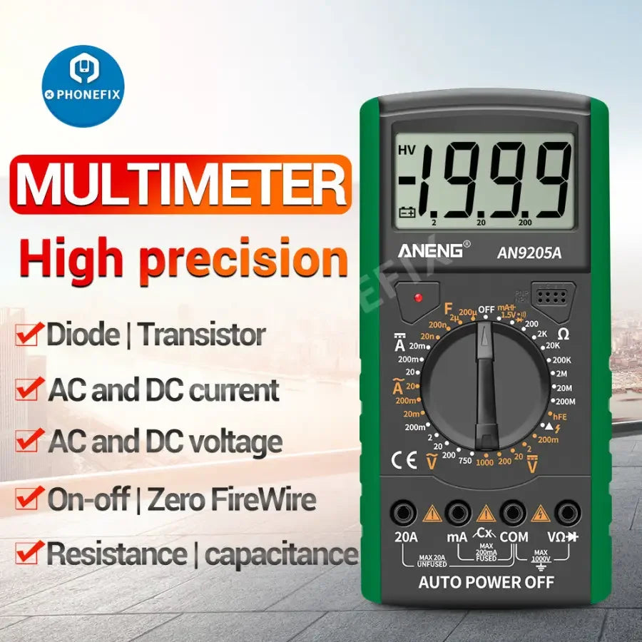 PHONEFIX DT9205A+ digital multimeter measuring AC/DC voltage with a 9V battery, displaying test readings on its digital screen.
