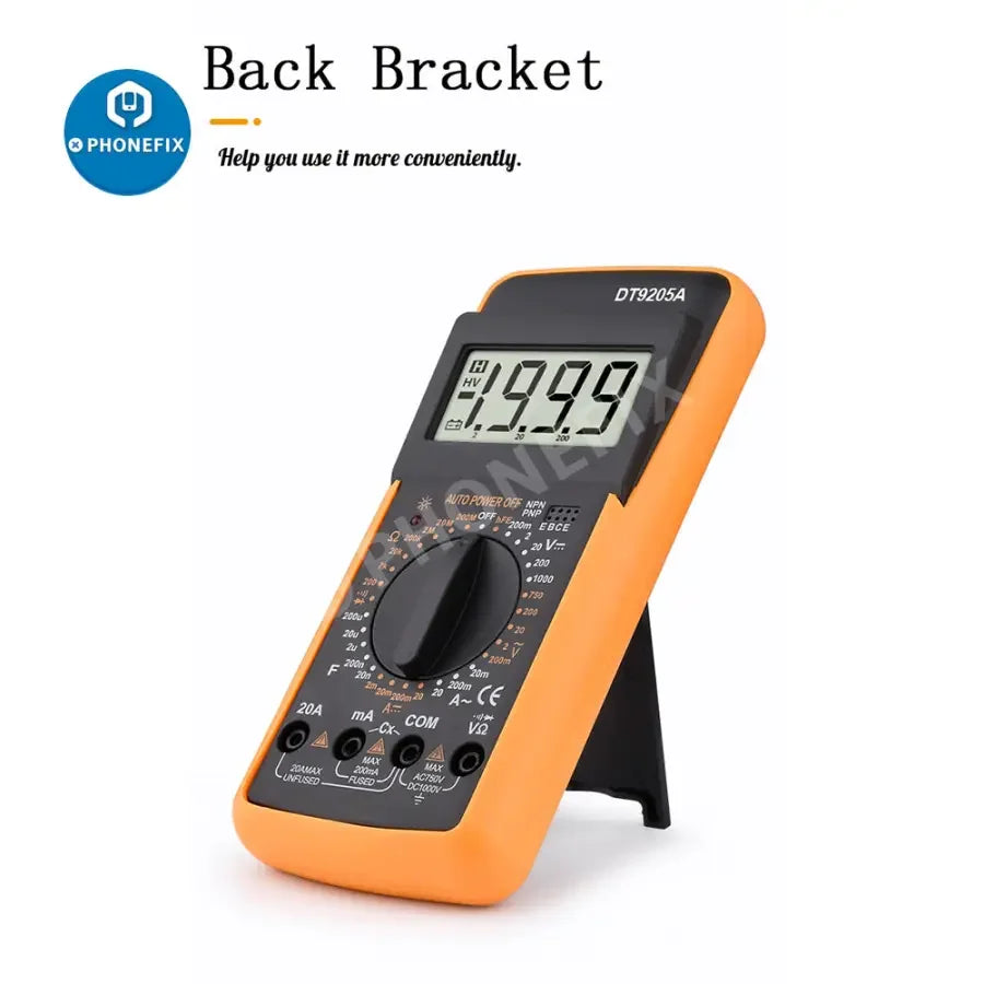 Digital multimeter by PHONEFIX measuring voltage, current, resistance, and capacitance with digital display.