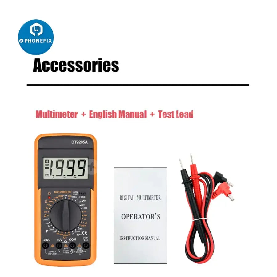 Digital multimeter by PHONEFIX displaying voltage, current, resistance, and capacitance measurements on its LCD screen.