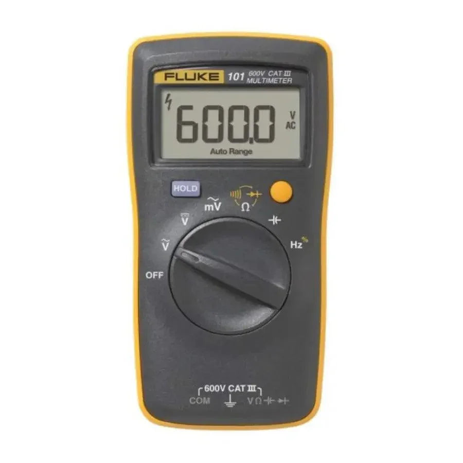 Fluke 101 digital multimeter by PHONEFIX showing display with measurements, compact design, and test leads for electrical testing.