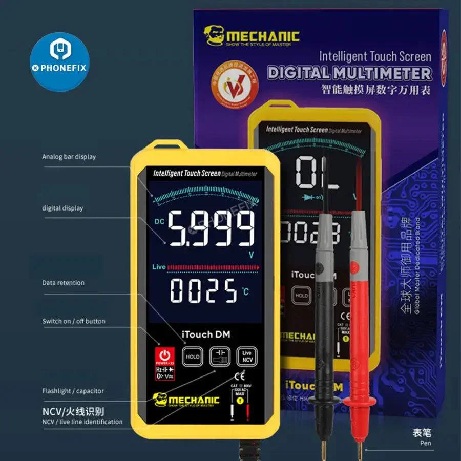Digital multimeter from PHONEFIX displaying voltage and current readings, with a digital screen and measurement probes.
