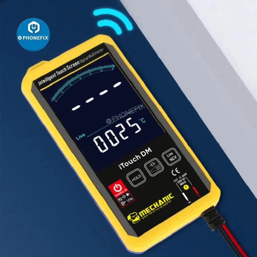 PhoneFix MECHANIC iTouch DM digital multimeter displaying voltage and current readings on a digital screen.
