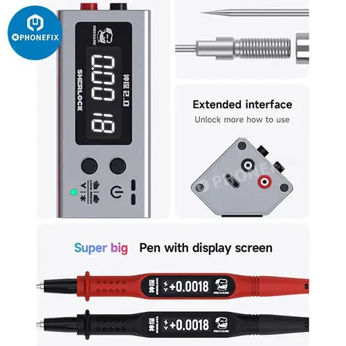 PHONEFIX Mechanic Sherlock V2.0 digital multimeter used for motherboard testing and diagnostics in electronic repair.