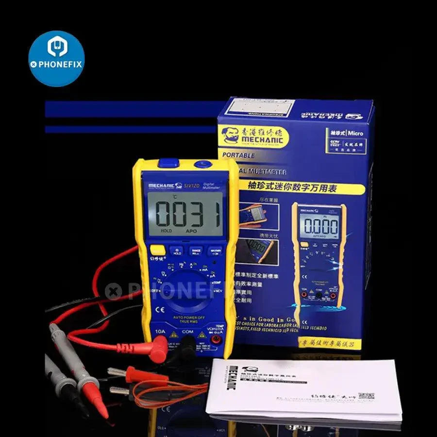 Digital multimeter by PHONEFIX, MECHANIC SIV120 Mini Portable Fully Automatic Multimeter showing a compact device with display and measurement ports.