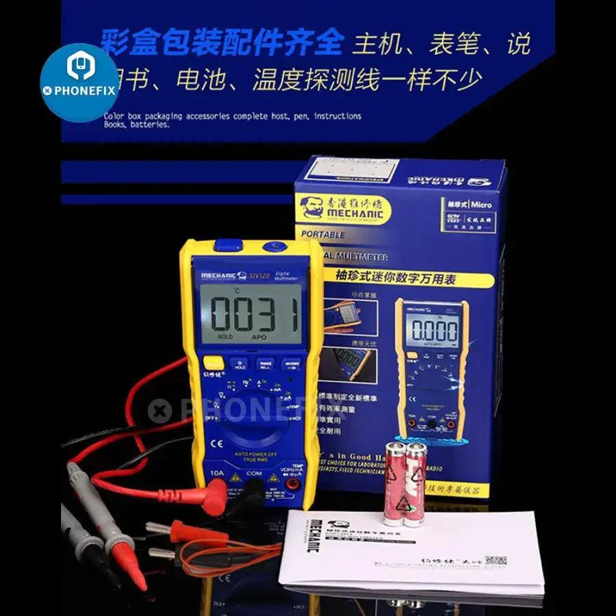 Portable digital multimeter by PHONEFIX, MECHANIC SIV120, showing a compact device with display and measurement ports for electrical testing.