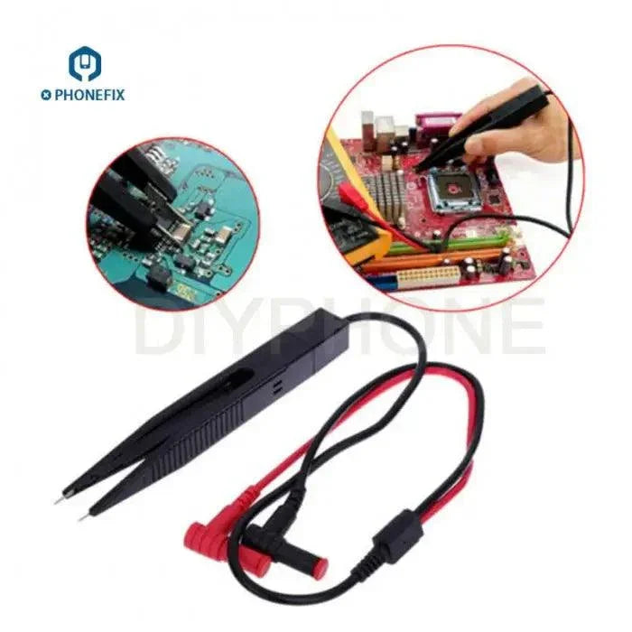 Digital multimeter lead wire with tweezers and probe for PCB soldering and repair by PHONEFIX.