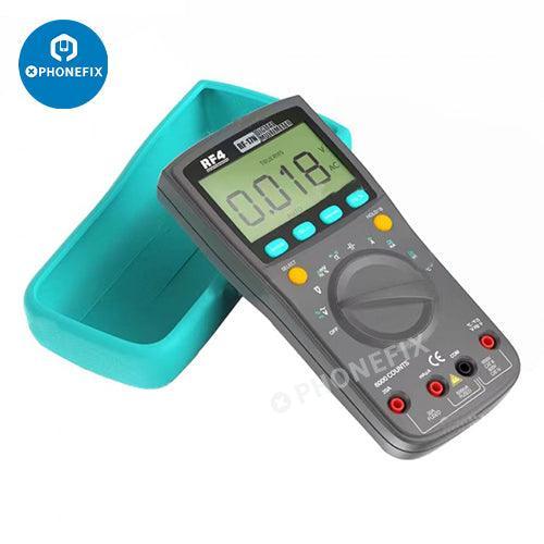 RF4 RF-17N digital multimeter by PHONEFIX showing a close-up of its display with high-precision, true-RMS readings and measurement ports.