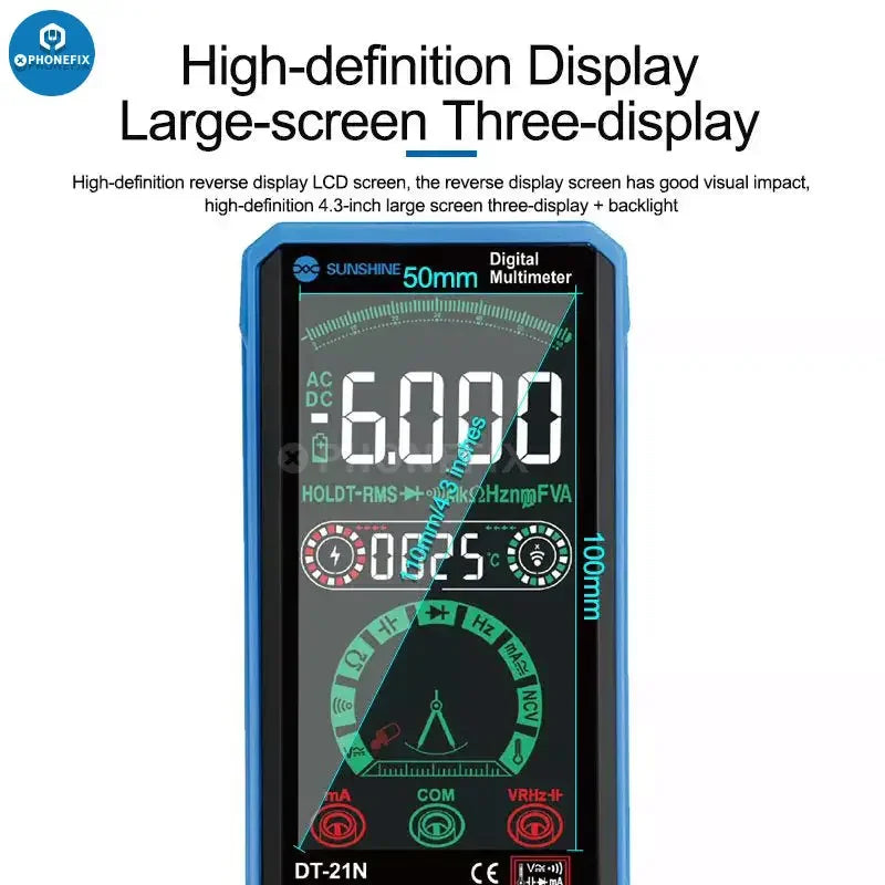 SUNSHINE DT-21N Digital Multimeter by PHONEFIX showing touch control display and testing probes for electrical measurements.