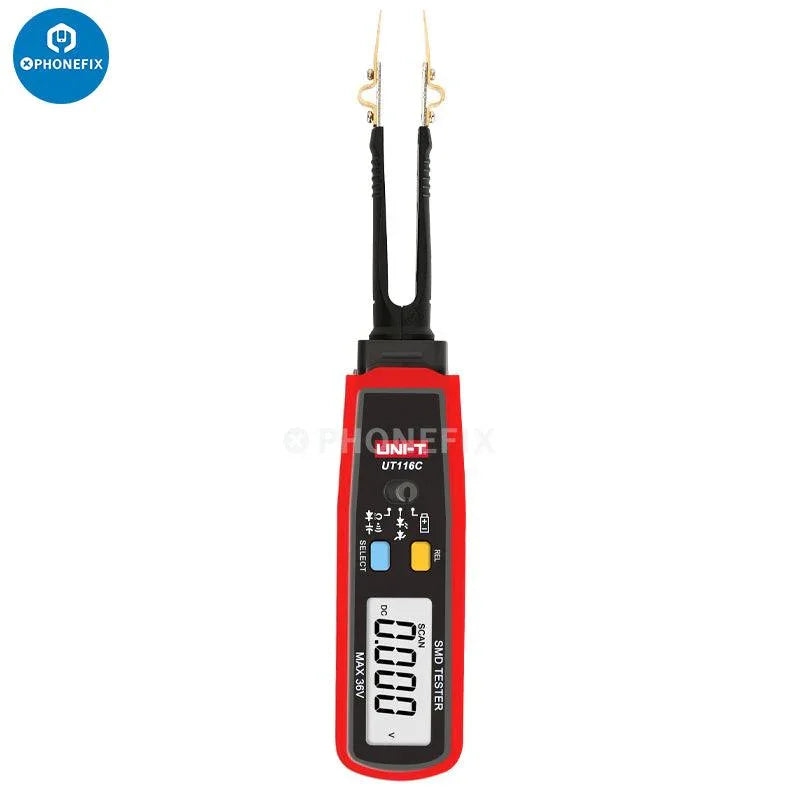 UNI-T UT116C digital multimeter with rotatable tweezers, SMD tester, used for electrical measurements and component testing.