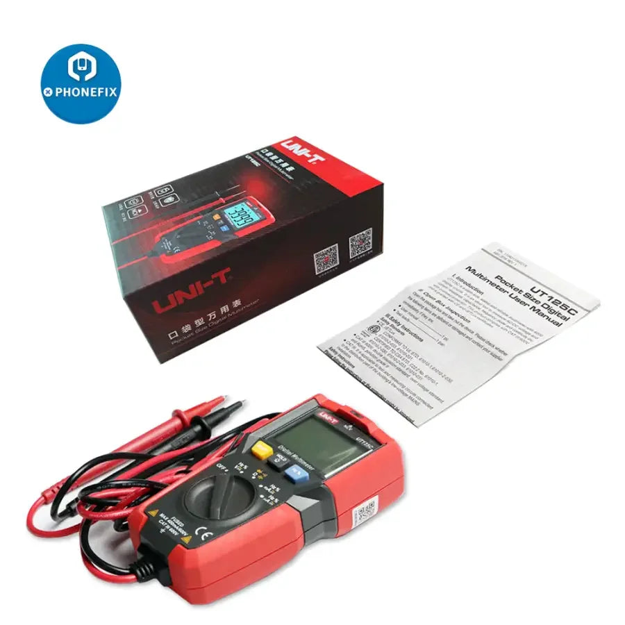 UNI-T UT125C mini digital multimeter showing capacitance and resistance readings, with compact design and digital display.