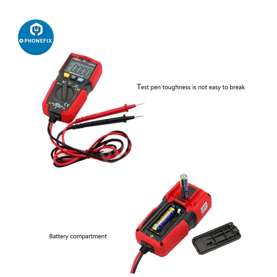 UNI-T UT125C digital multimeter by PHONEFIX showing capacitance and resistance testing on a compact handheld device.