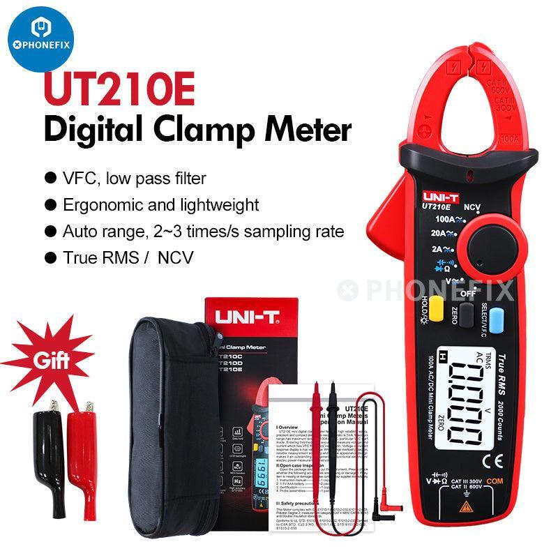 UNI-T UT210E digital clamp meter measuring AC/DC current and voltage, handheld multimeter by PHONEFIX.