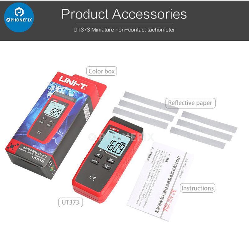 PHONEFIX UT-373 Mini Tachometer digital multimeter for non-contact rotation speed measurement, showing display and measurement test.