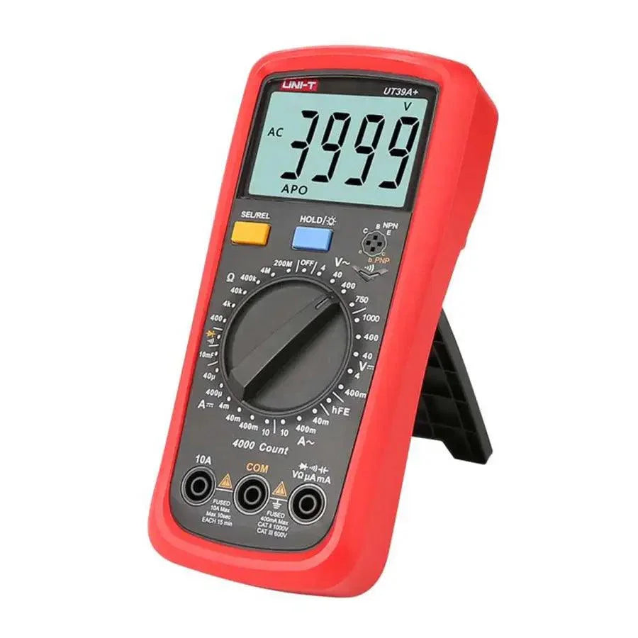 PhoneFix UT39A+ portable digital multimeter for soldering and measurement tools, with display and measurement probes.