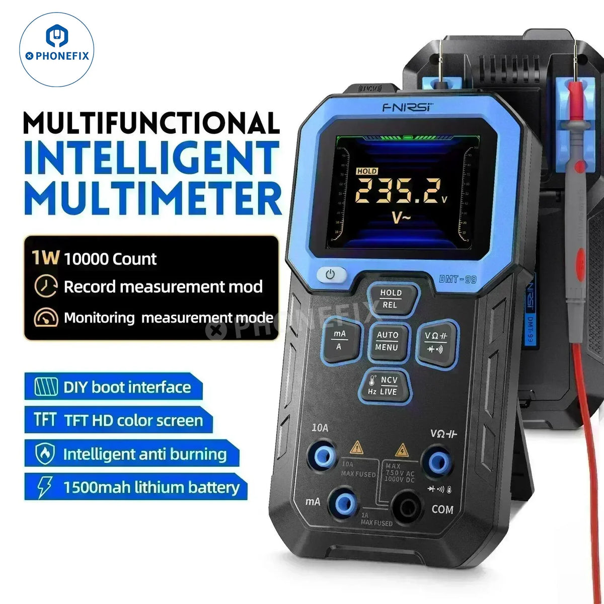 PHONEFIX FNIRSI DMT-99 digital multimeter showing a digital display with voltage and current measurement functions.