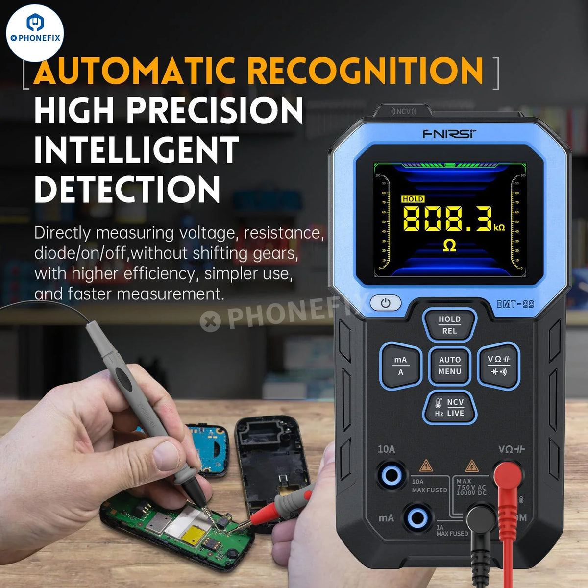 FNIRSI DMT-99 digital multimeter by PHONEFIX showing a close-up of the LCD display and measurement dial for voltage and current testing.