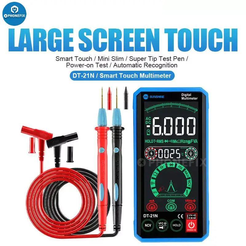 Sunshine DT-20N digital multimeter by PHONEFIX showing voltage and current measurement settings on a display screen.