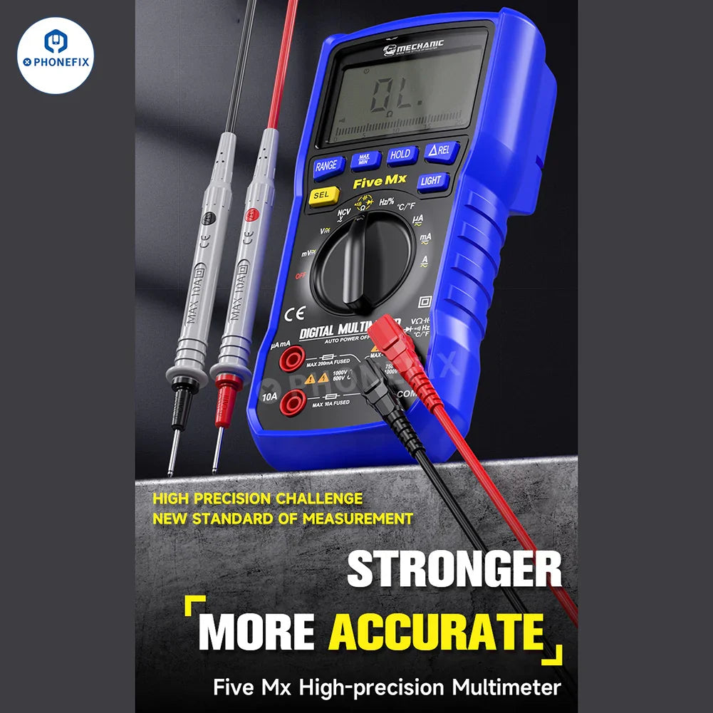 PhoneFix Mechanic Mini TD Five MX digital multimeter with NCV and temperature measurement features, showing digital display and test probes.
