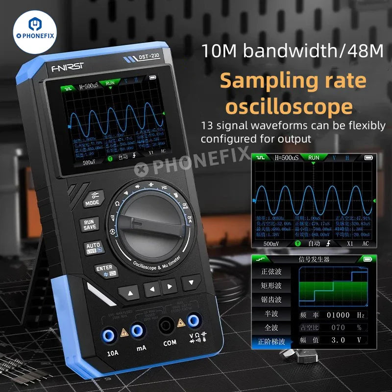 Digital multimeter, oscilloscope, and signal generator by PHONEFIX with a compact 3-in-1 design and digital display.