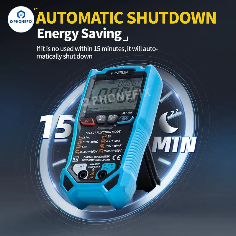 PHONEFIX FNIRSI MT-40 digital multimeter displaying auto-range readings on a digital screen, designed for electrical testing.