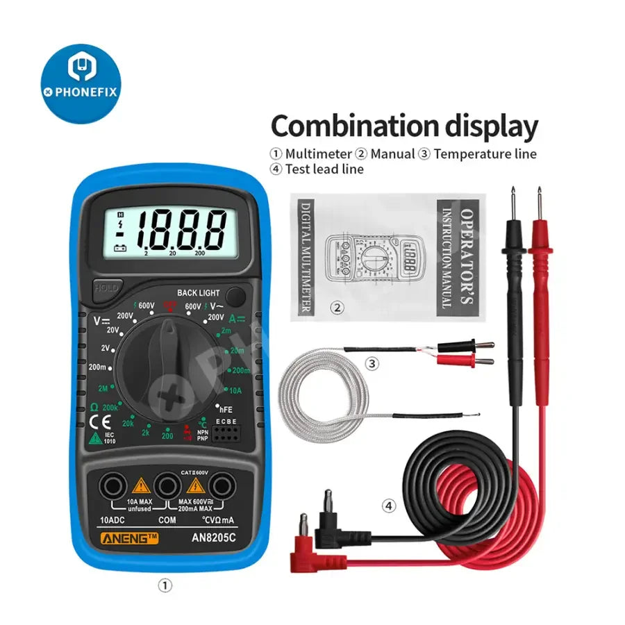 Phonefix AN8205C digital multimeter showing AC/DC voltage and DC current measurement on a handheld tester device.