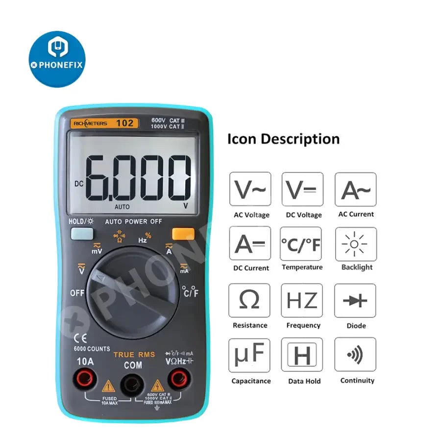 Richmeters 102 Pocket Digital Multimeter by PHONEFIX showing AC/DC voltage testing with compact design and digital display.