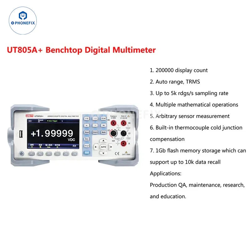 UNI-T UT805A+ True RMS digital multimeter with auto-range and dual-display, featuring various measurement ports and a digital screen.