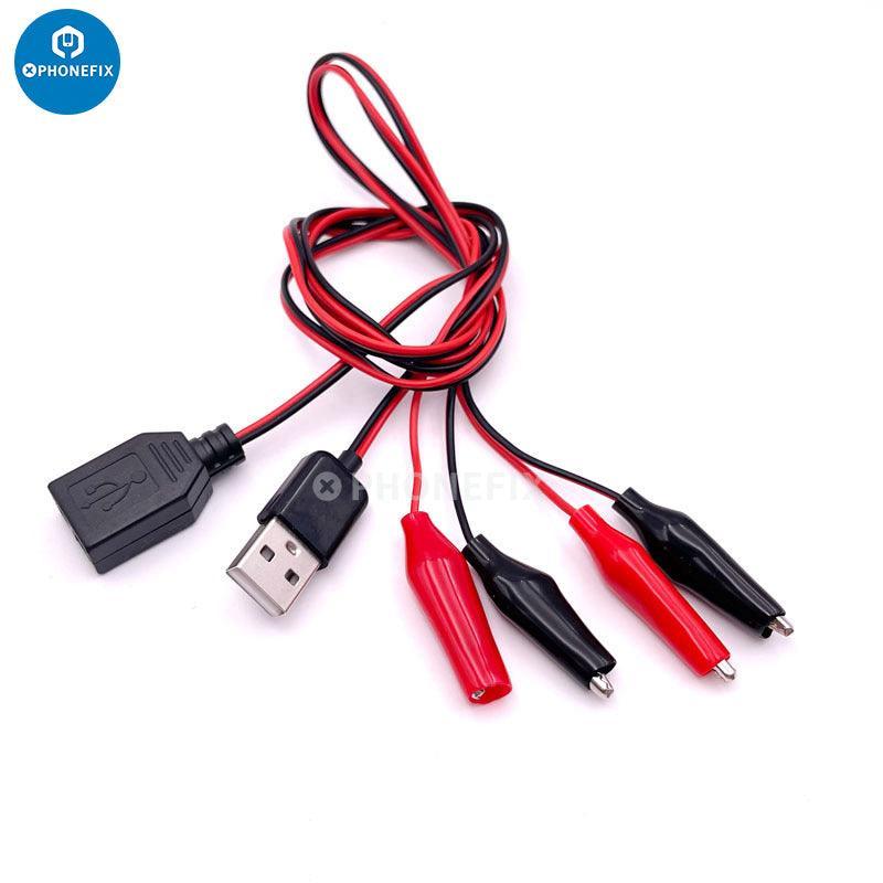 PhoneFix alligator clip test leads with male and female connectors, USB power detector cable for digital multimeter testing.