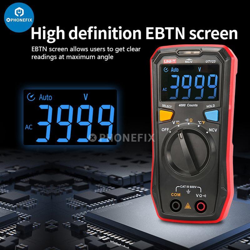 UNI-T UT123D digital multimeter by PHONEFIX displaying AC/DC voltage readings on its screen.