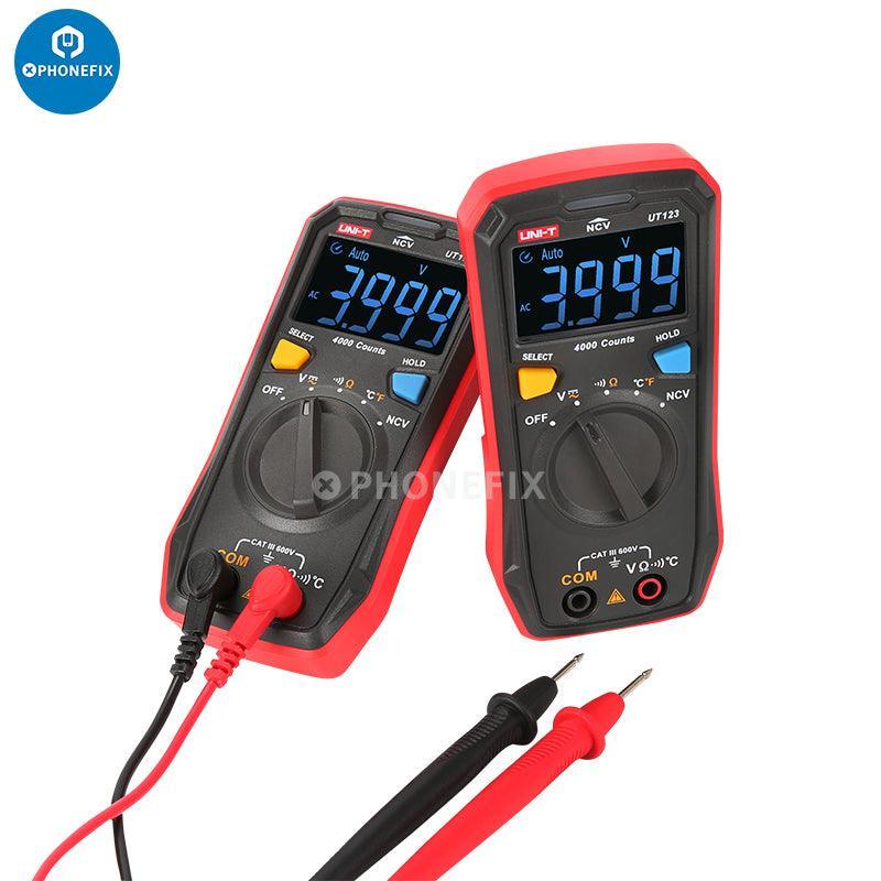 PhoneFix UNI-T UT123D digital multimeter measuring AC and DC voltage with auto-range display.