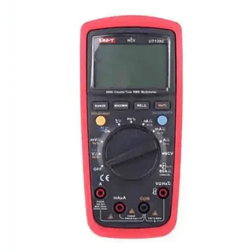 PhoneFix UT139C True RMS digital multimeter for PCB fault testing, showing digital display and test probes in use.