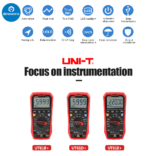 PhoneFix UT61 Series digital multimeter with True-RMS measurement and phone testing capabilities, professional electrical testing tool
