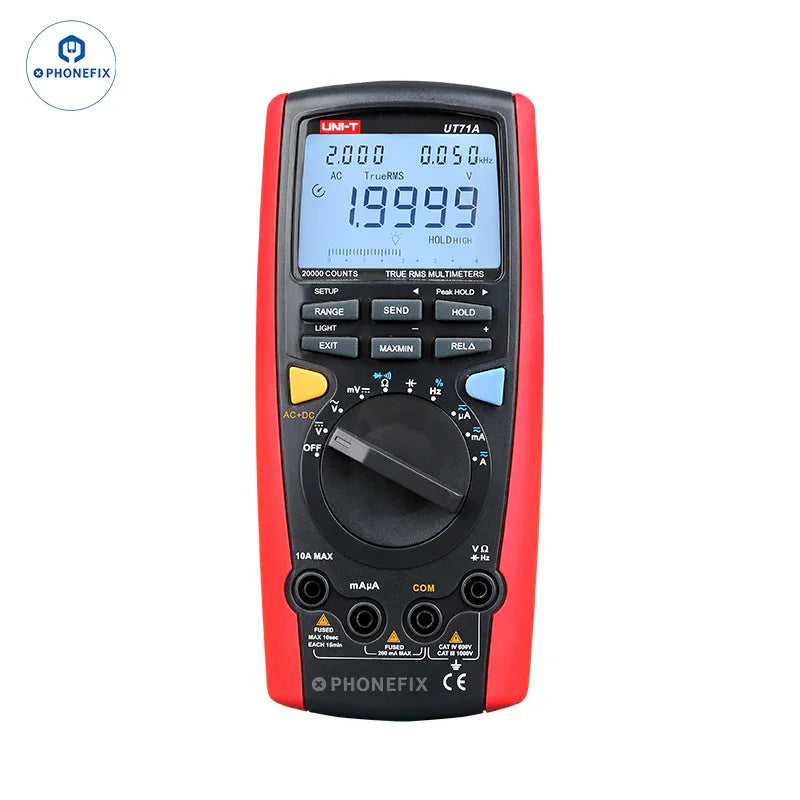Phonefix UNI-T UT71 Series digital multimeter displaying current, voltage readings on a bright LCD screen with test probes attached.