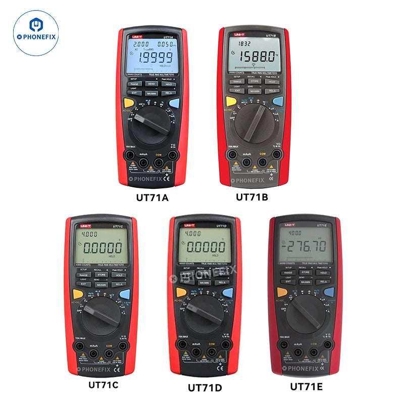 PhoneFix UNI-T UT71 Series digital multimeter showing current and voltage measurement display on a compact handheld device.