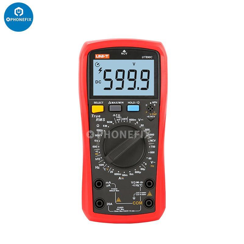UNI-T UT890C/D+ digital multimeter with LCD display, True-RMS measurement, and capacitance testing, branded PHONEFIX.