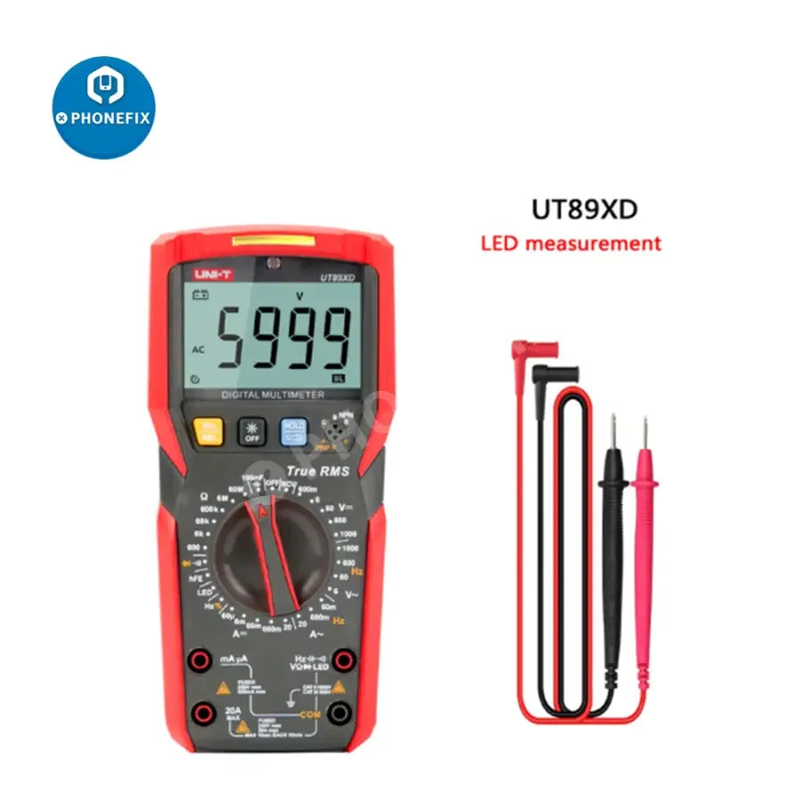 PhoneFix UT89XD LED digital multimeter with smart capacitance, voltage, and current testing features, showing its display and controls.