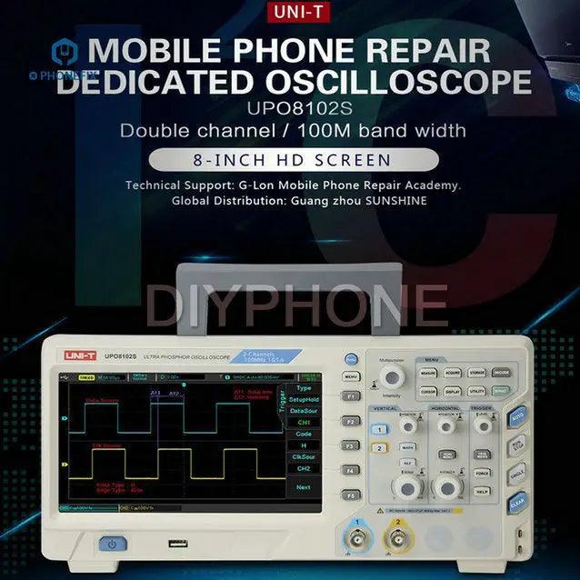 UNI-T UPO8102S digital oscilloscope with 2 channels, used for soldering and repair, shown in a technical setup.