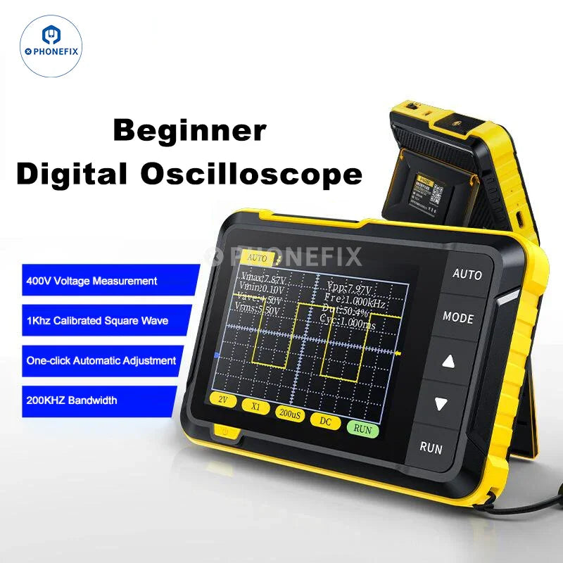 FNIRSI DSO152 handheld digital oscilloscope by PHONEFIX with display showing waveforms and controls for electrical testing.